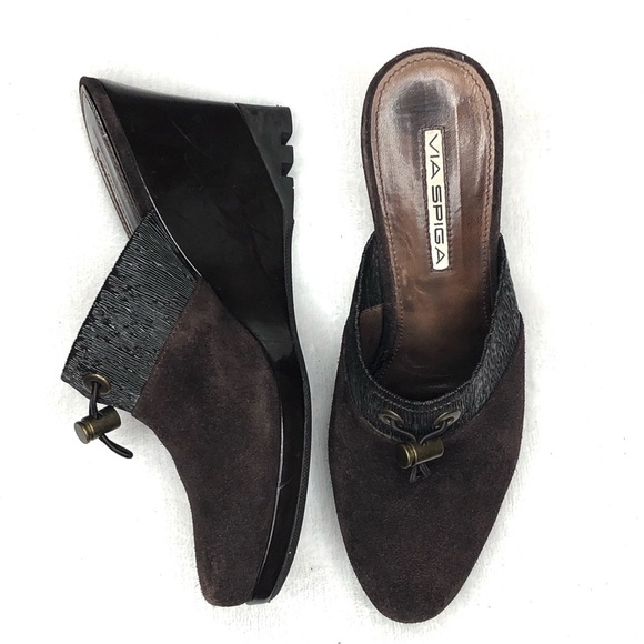 Via Spiga Suede Wedge Heel Mules Brown 7 M - Picture 1 of 9